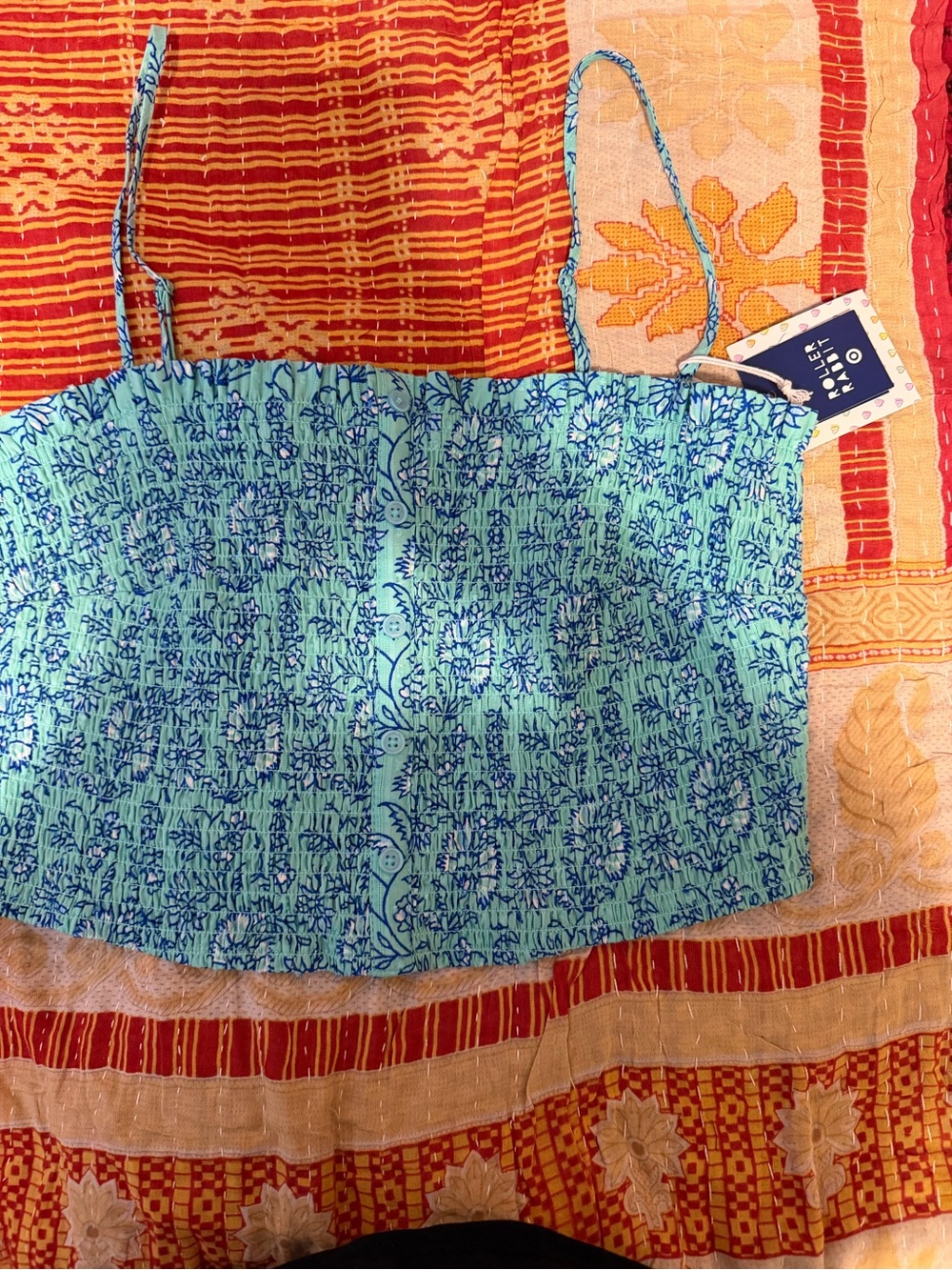 Roller rabbit Blue Floral Print Spaghetti Strap Crop Top